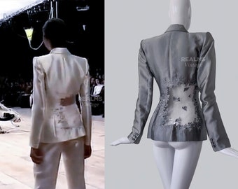 Alexander McQueen SS1999 Archival Silver Silk Suit Blazer Embroidered Illusion Ivy Leaf