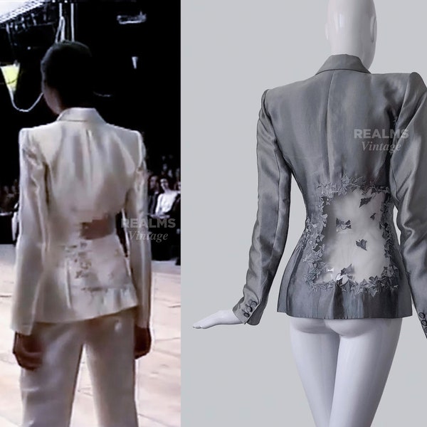 Alexander McQueen SS1999 Archival Silver Silk Suit Blazer Embroidered Illusion Ivy Leaf