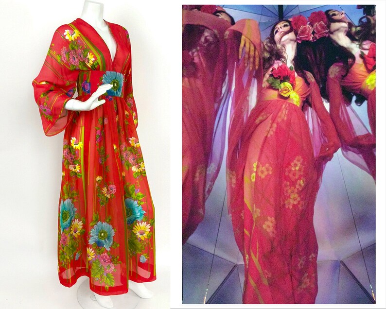 Maxi Dress Kimono Kaftan 60s 70s Asian Flower 1970 Hippie Caftan