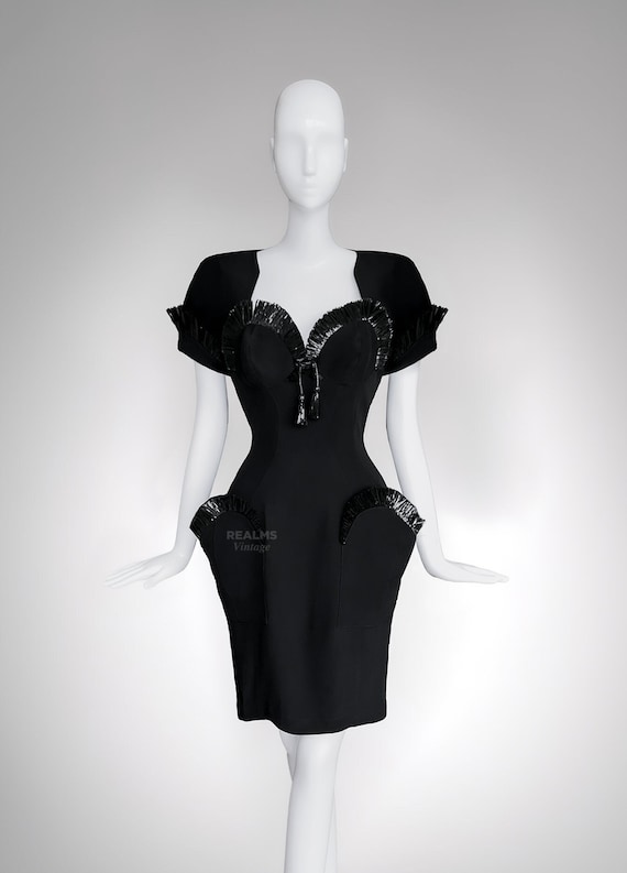 Thierry Mugler Cocktail Dress RAFFIA SS 1995 Archival Black Thierry Mugler Cocktail Dress RAFFIA SS 1995 Archival Black