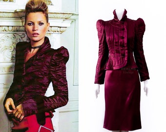 Yves Saint Laurent Tom Ford Iconic Archival Silk YSL Ensemble Pagoda Shoulder Jacket Skirt burgundy bordeaux