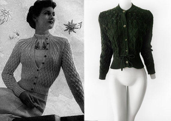 Wool Cardigan Knit Dark Green 40s shape Hearts Jum