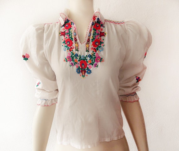 Vintage Hungarian Blouse Flower Embroidery Gauze C