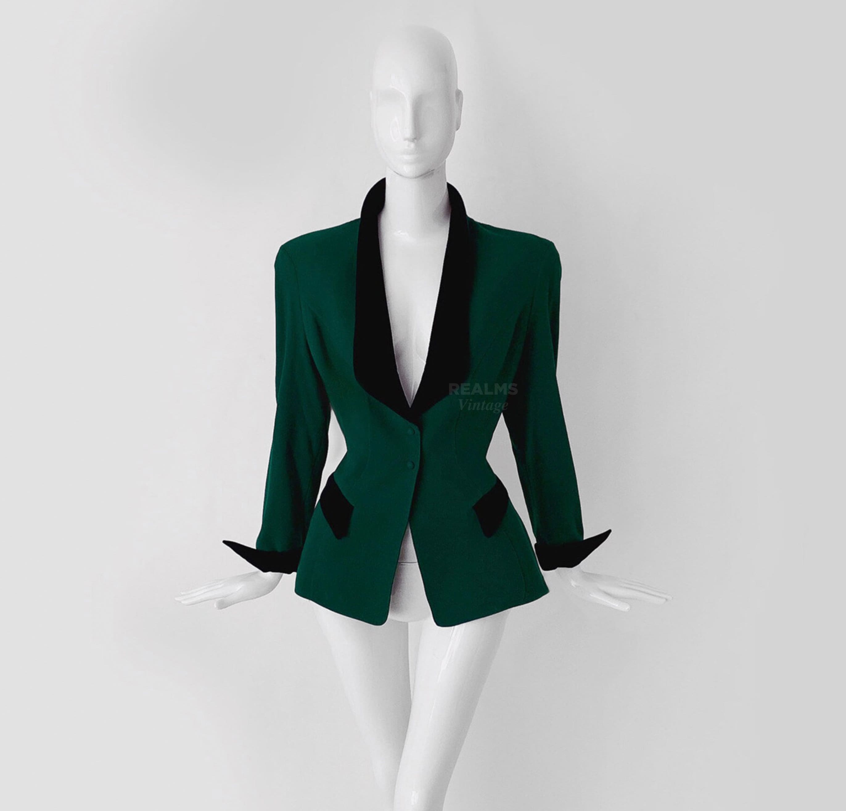 Buy Thierry Mugler FW1992 Runway Blazer Green Wool Black Velvet