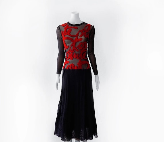 Jean Paul Gaultier Dress Mesh Black Sheer Red Wri… - image 3