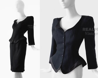 Gorgeous Thierry Mugler Skirtsuit FW 1992 Archival Black Sculptural Silky Satin Details 90s Jacket Skirt