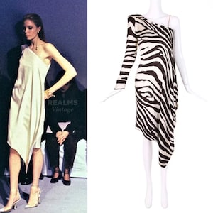 Stunning Thierry Mugler Silk Dress  SS1998 Archival Zebra Print Single Shoulder Cocktail Drape Stole