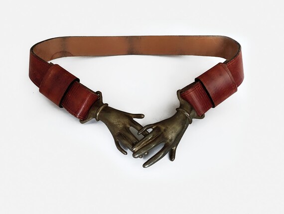 Rare Vintage Metal Clasping Hands Belt leather cla