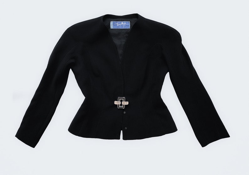 Thierry Mugler Archival Runway Black Suit Skirtsuit Lucite Statement Gem Buckle Blazer Jacket image 7