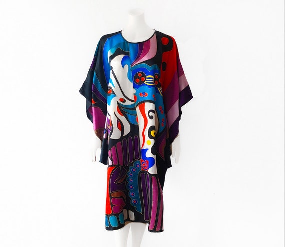 Pure Silk Kaftan Dress 60s 70s Asian Pattern Colo… - image 1