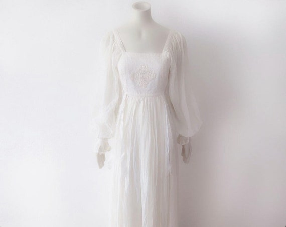 RUMAK + SAMPLE Dress Ivory White 70s Maxi Sleeves