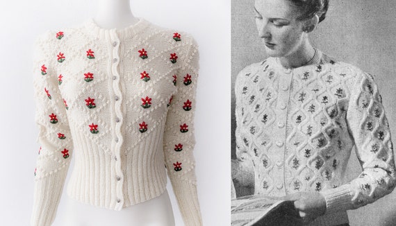 Vintage Wool Knit Cardigan 40s Flower Embroidery T