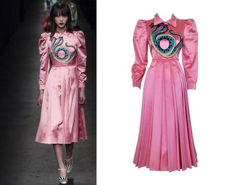 GUCCI Silk Dress Snake Embroidery ACDC Runway Rare Pink