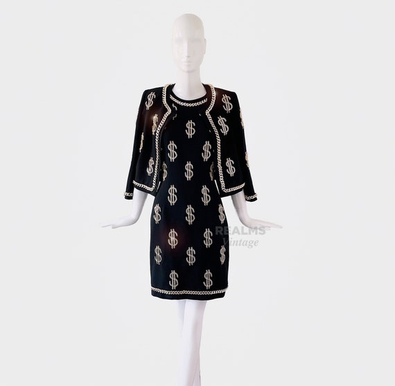 Iconic MOSCHINO Couture Dollar Sign Ensembe Black Dress Jacket 
