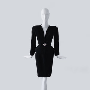 Thierry Mugler Archival Runway Black Suit Skirtsuit Lucite Statement Gem Buckle Blazer Jacket image 2