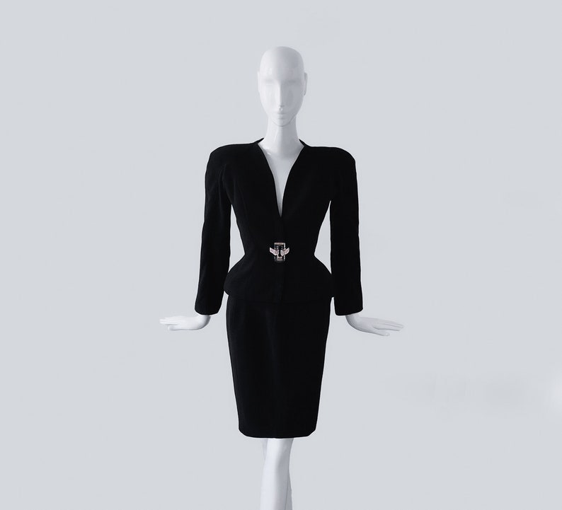 Thierry Mugler Archival Runway Black Suit Skirtsuit Lucite Statement Gem Buckle Blazer Jacket image 2