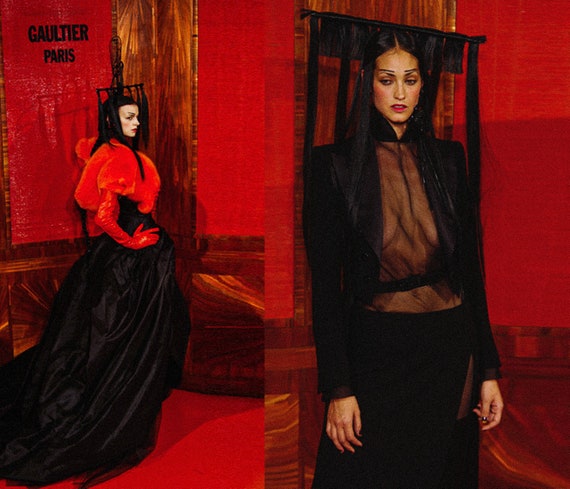 Jean Paul Gaultier Dress Mesh Black Sheer Red Wri… - image 4