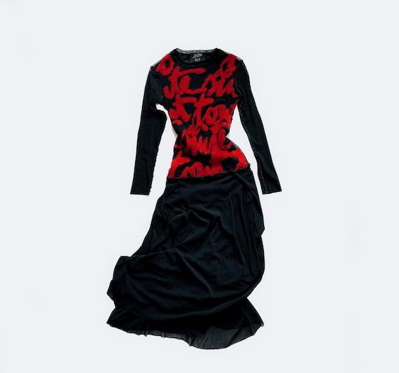 Jean Paul Gaultier Dress Mesh Black Sheer Red Wri… - image 1
