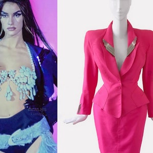 Iconic Rare Thierry Mugler Archival Pink Ensemble Metal Wings Jacket Skirt