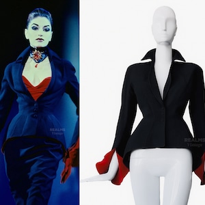 Thierry Mugler FW1997 Archival Black Jacket with Dramatic Red Velvet Sleeves