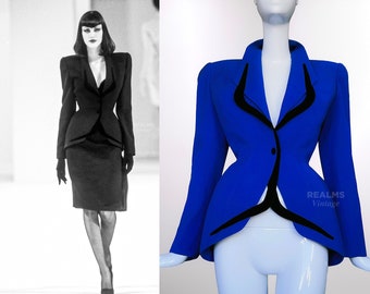 Thierry Mugler FW1998 Archival Blue Jacket with Dramatic Black Velvet Details