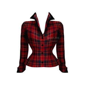 Thierry Mugler Sculptural Wool Tartan Jacket Velvet Details Red Black