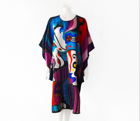 Pure Silk Kaftan Dress 60s 70s Asian Pattern Colo… - image 9