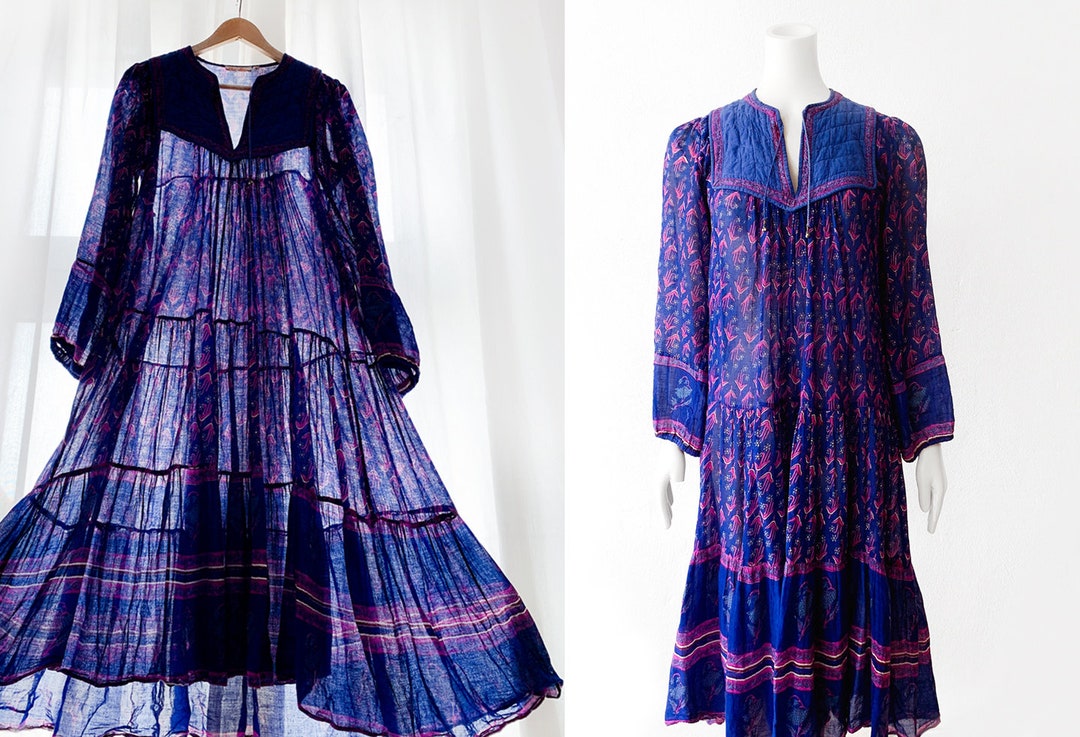 Beautiful Indian Gauze Dress 70s Blockprint Cotton Silk - Etsy