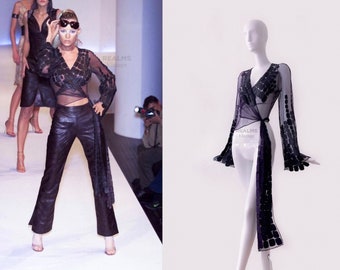 FABULOUS Thierry Mugler Couture SS2001 Archival Blouse Top Sheer Net Leather Details Wrap Top