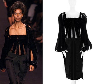 Iconic Tom Ford for Yves Saint Laurent FW 2002 Archival Set Runway Silk Black Velvet Ribbon Corset and Skirt