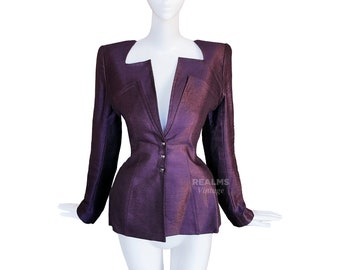 Vintage Mugler Blazer Jacket Dramatic Cutout Purple Lilac ZigZag V-Neck Avant Garde