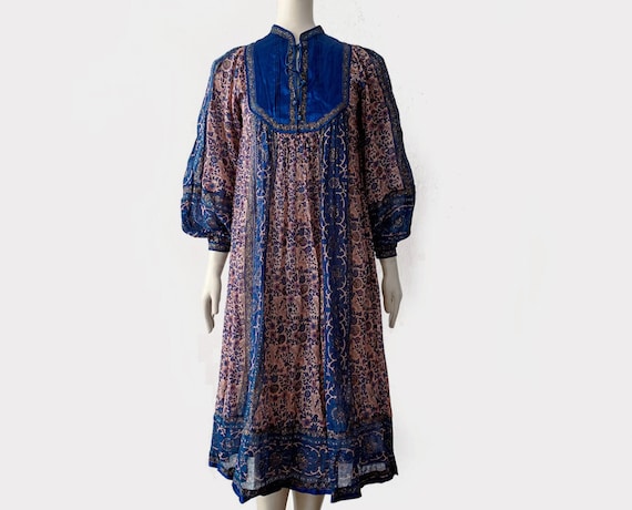 Indian Gauze Dress 70s Blockprint Cotton Silk God… - image 1