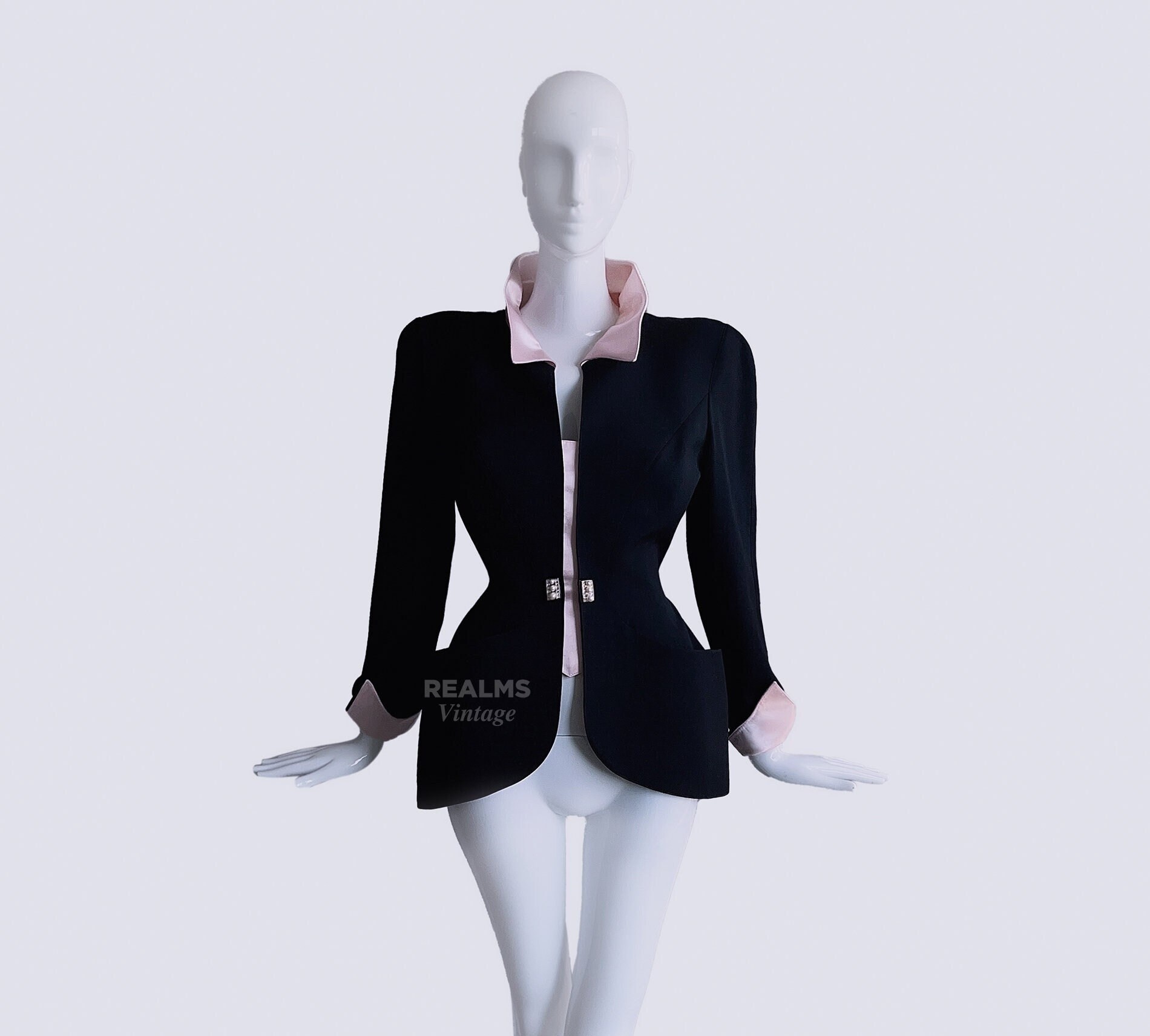 Thierry Mugler Gorgeous Jacket Black Drama Collar Jewel Pearl FW1996 Archival
