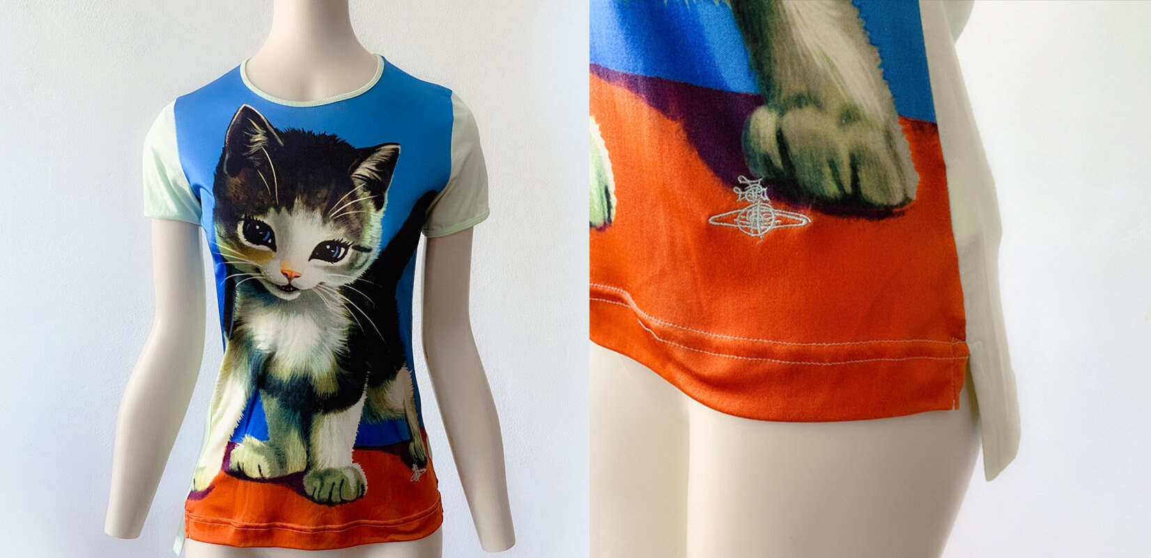 Vivienne Westwood Silk Shirt Cat Runway Kitty T-shirt Top Blue 
