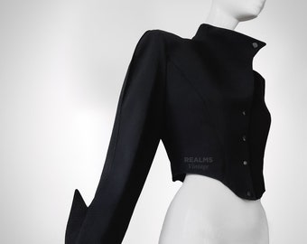 Thierry Mugler ノーカラー黒ジャケット カットアウトデザイン Thierry Mugler Black Suit with Cut-Out Details and Netting