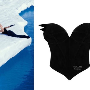 Iconic Thierry Mugler Archival Black Velvet Bustier Top Dramatic Winged Corset