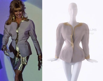 Thierry Mugler SS1992 Archival Gold Metallic Details Fitted Sculptural Silk Jacket Blazer