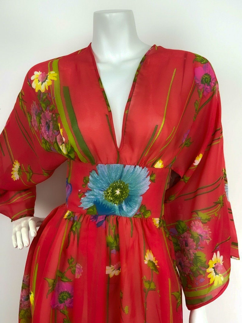 Maxi Dress Kimono Kaftan 60s 70s Asian Flower 1970 Hippie Caftan