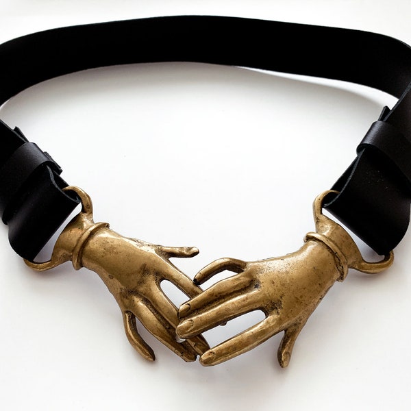 Amazing Rare Victorianstyle Clasped Hands Belt metal one of a kind adjustable black leather vintage