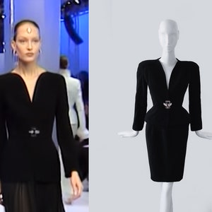 Thierry Mugler Archival Runway Black Suit Skirtsuit Lucite Statement Gem Buckle Blazer Jacket