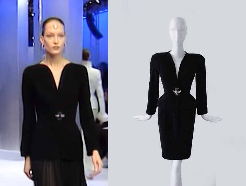 Thierry Mugler Archival Runway Black Suit Skirtsuit Lucite Statement Gem Buckle Blazer Jacket image 1