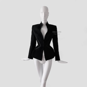 Thierry Mugler Archival Couture Blazer Sculptural Black Jacket ZigZag  Leather Details