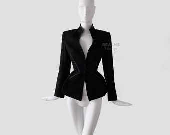 Thierry Mugler Archival Couture Blazer Sculptural Black Jacket ZigZag  Leather Details