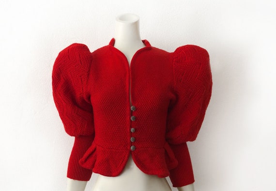 Deep Red Pure Wool Knit Puff Mutton Sleeve Cardiga