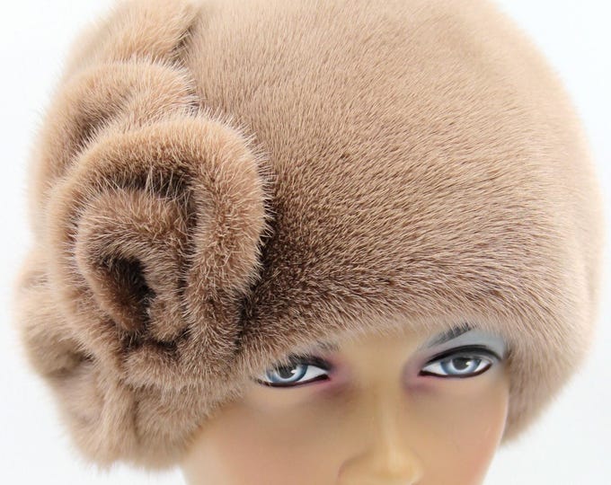 Light Brown Mink Fur Hat Women Winter Lola Elegant Applique - Handmade Luxury Designer