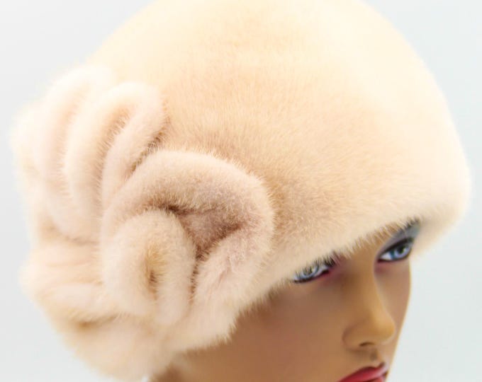 Pearl Beige Mink Fur Hat Women Winter Lola Elegant Applique - Handmade Luxury Designer