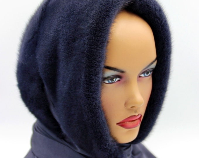 Graphite Grey Mink Fur Hat Hooded Scarf - Winter Head Wrap Accessory