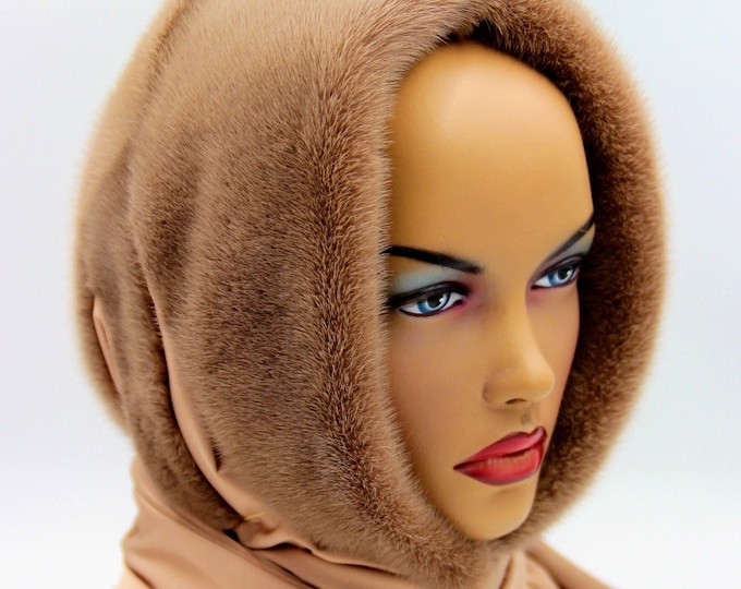 Cocoa Brown Dyed Mink Fur Hooded Scarf - Coffee Color Winter Accessory