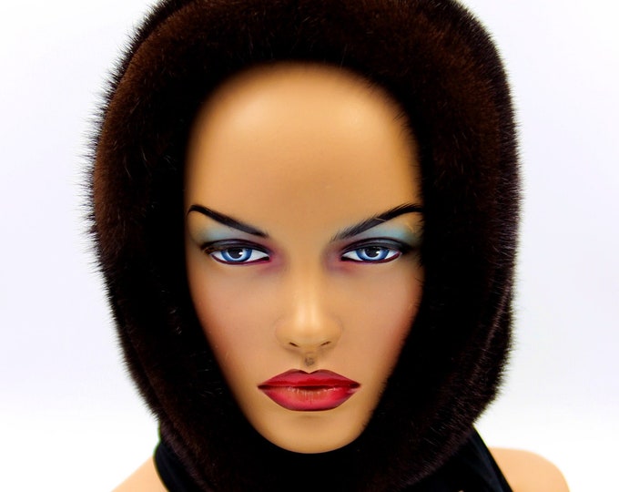 Brown Natural Mink Fur Hat Hooded Scarf - Chocolate Winter Accessory