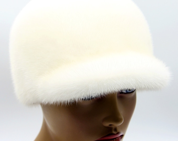 White Mink Fur Cap with Visor Women Winter - Handmade Luxury Warm Hat with Brim Classic Style